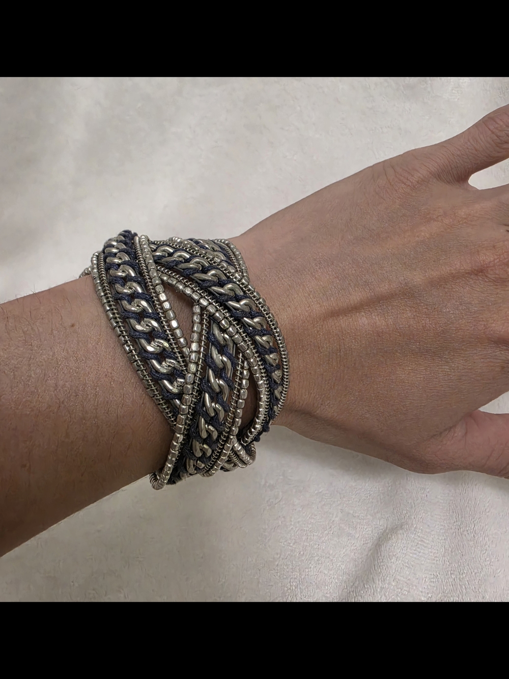 Bracelet Weave TriBand Memory Wire Adjustable Blue Thread Silver Chain Beads